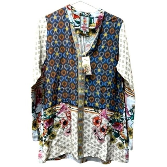 Johnny Was Becca V-Neck Blouse XS Multicolor Floral Geometric Boho - Picture 1 of 11